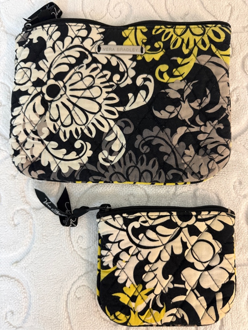 Vera Bradley Black White & Yellow Quilted Floral Zip Pouch Duo
